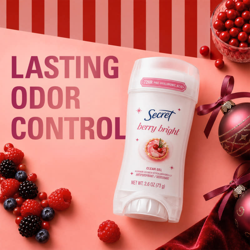 Secret Berry Bright deodorant with lasting odor control and refreshing berry scent surrounded by festive decorations