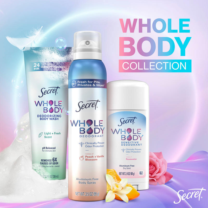 Whole Body Collection by Secret featuring deodorizing body wash, spray, and sensitive deodorant products