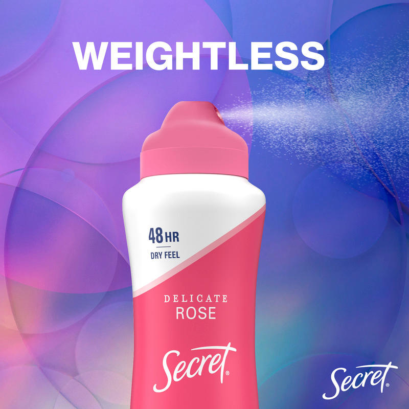 Delicate rose deodorant by Secret with weightless formula for 48 hours of dry feel against a colorful background. Perfect for daily use