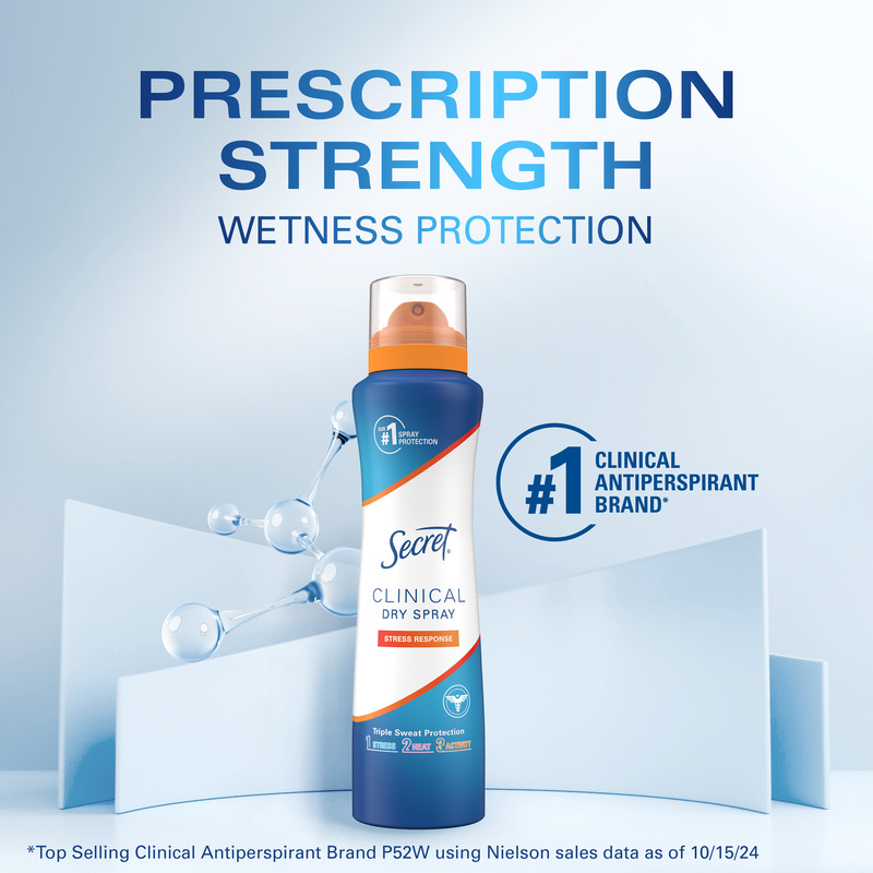 Secret Clinical Dry Spray featuring prescription strength wetness protection, promoting triple sweat defense for active lifestyles