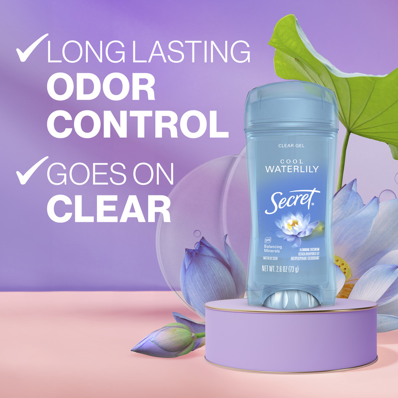 Secret clear gel deodorant with floral scent on a pastel background, highlighting long-lasting odor control and clear application benefits