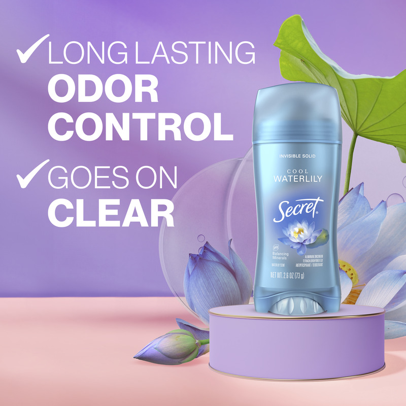 Secret deodorant stick featuring a pastel background, highlighting long-lasting odor control and clear application benefits with a floral design