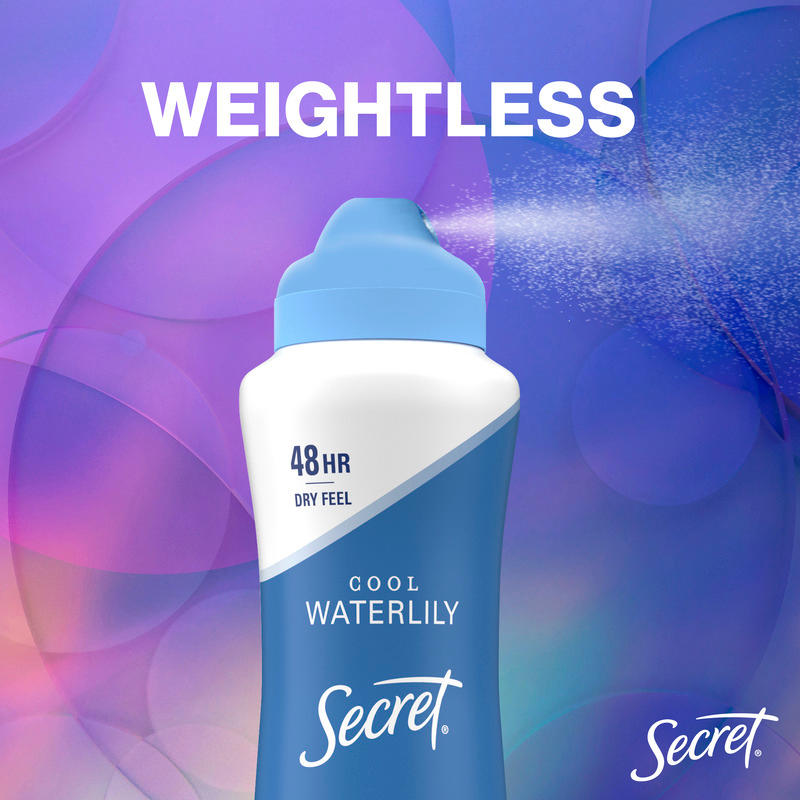Cool waterlily deodorant by Secret with weightless formula for 48 hours of dry feel against a colorful background. Perfect for daily use