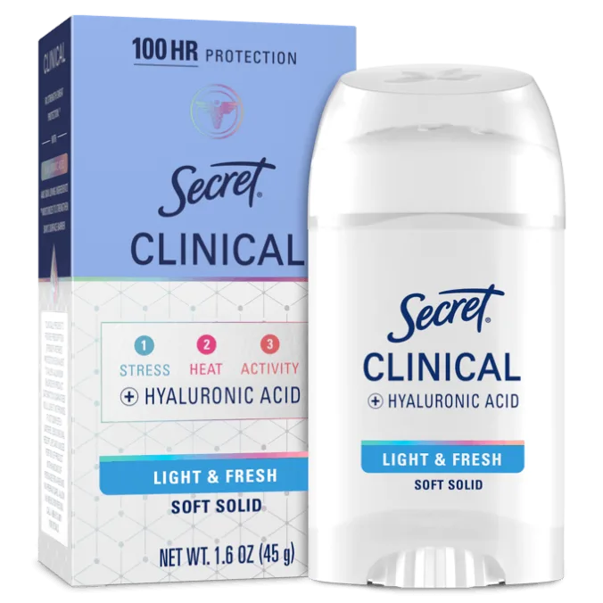 Secret Clinical Light & Fresh deodorant with Hyaluronic Acid offers 100-hour protection against stress, heat, and activity in a soft solid form
