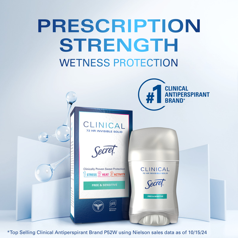 Prescription strength antiperspirant Secret Clinical solid in packaging promoting 72-hour wetness protection for sensitive skin and active lifestyles