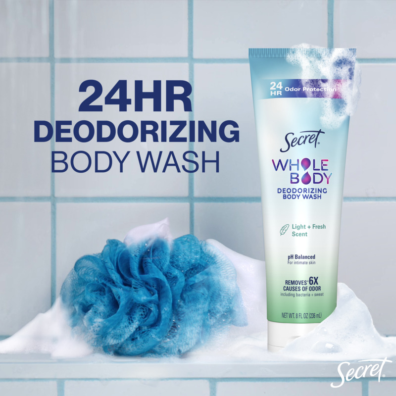 24HR deodorizing body wash by Secret displayed with a blue loofah on a tiled bathroom background