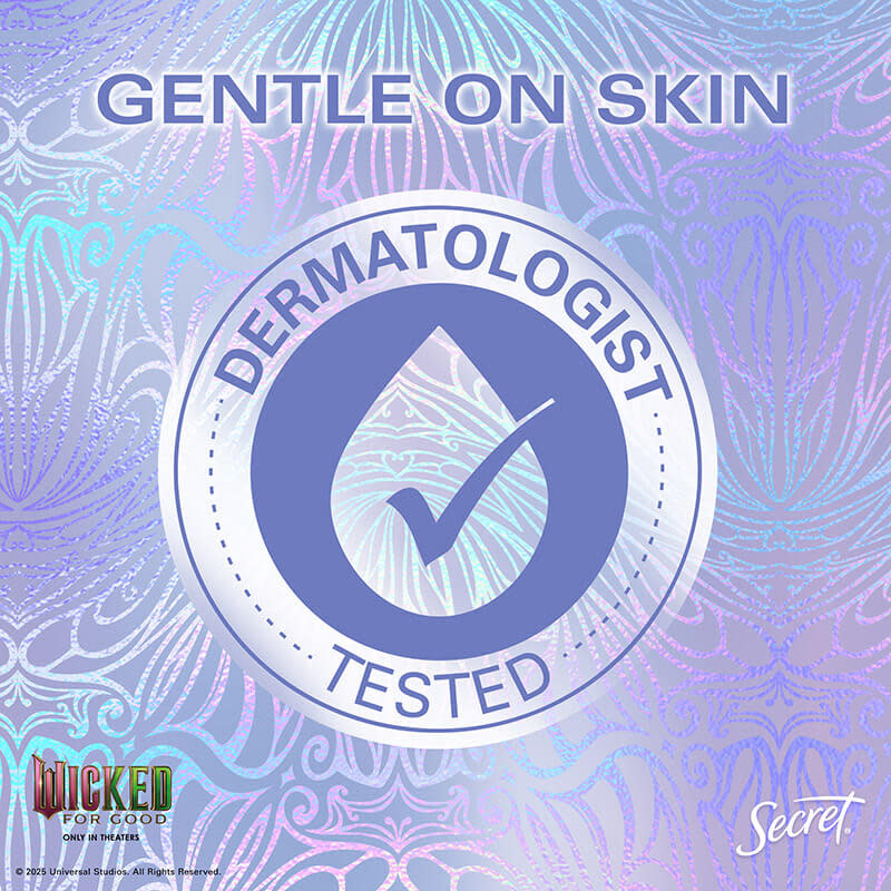 Dermatologist tested badge indicating gentleness on skin, promoting skin-friendly products by Secret for sensitive skin care