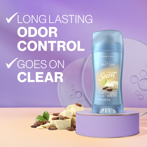 Long lasting odor control, goes on clear. Cocoa butter deodorant by Secret on a pastel background, on a purple background next to coconut shavings