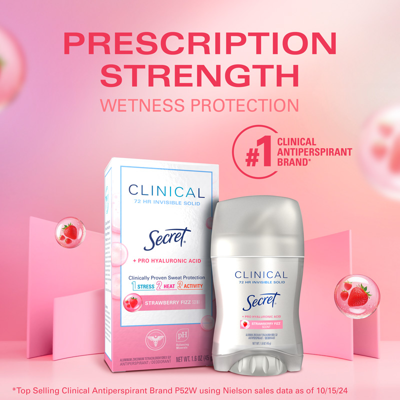 Secret Clinical Strength Antiperspirant featuring Strawberry Fizz scent, providing 72-hour wetness protection and proven sweat defense