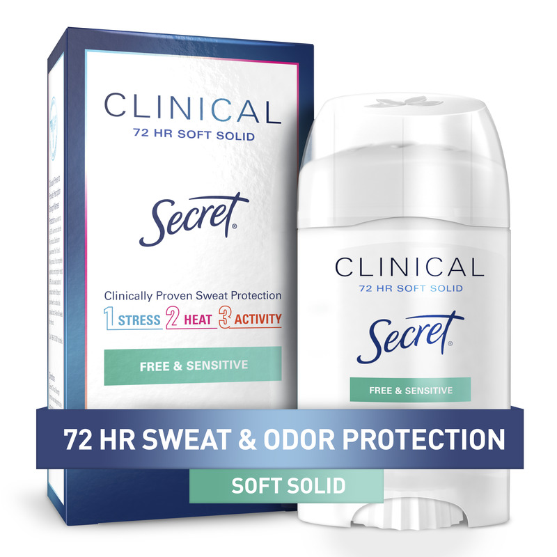 Clinical Secret deodorant featuring a soft solid formula for 72 hour sweat and odor protection, designed for sensitive skin and active lifestyles