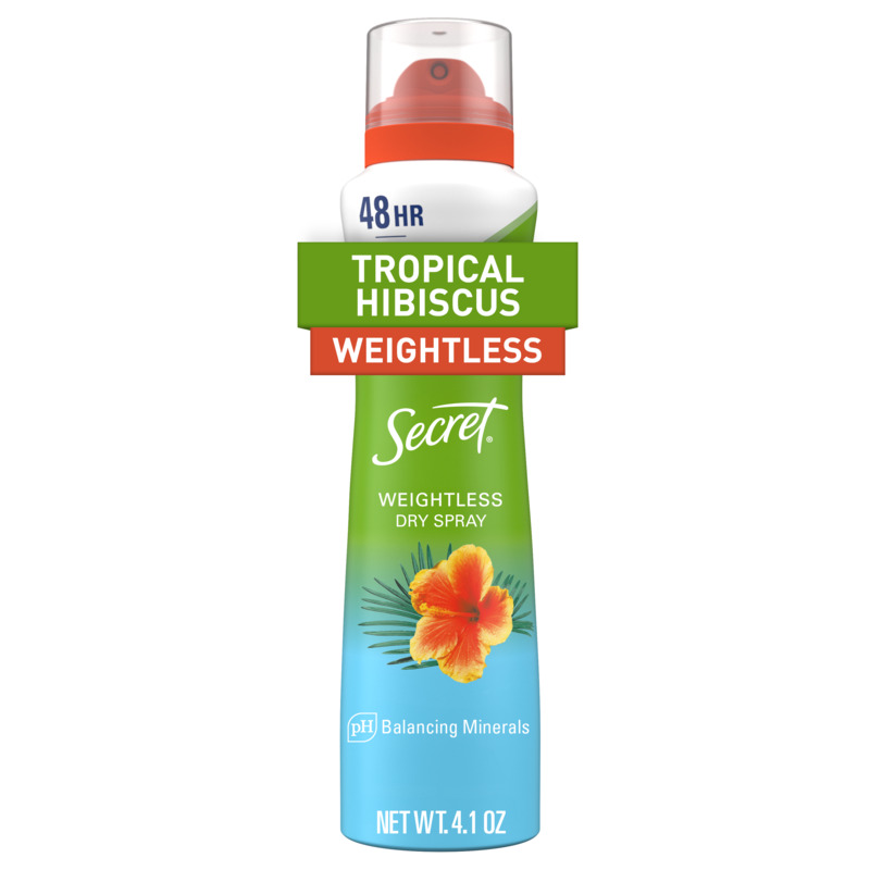 Secret, tropical hibiscus, weightless, dry spray packaging