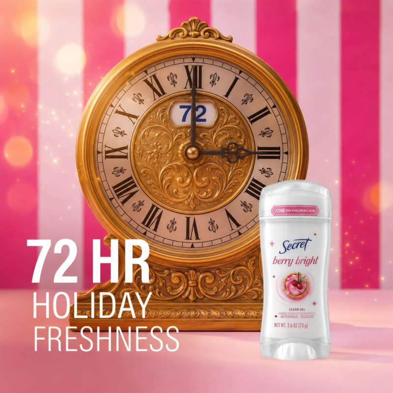 Gold clock showing 72 hours next to Secret Berry Bright deodorant, emphasizing holiday freshness and long-lasting scent