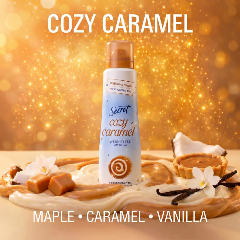 Cozy Caramel weightless dry spray by Secret with maple, caramel and vanilla accents against a festive sparkly background
