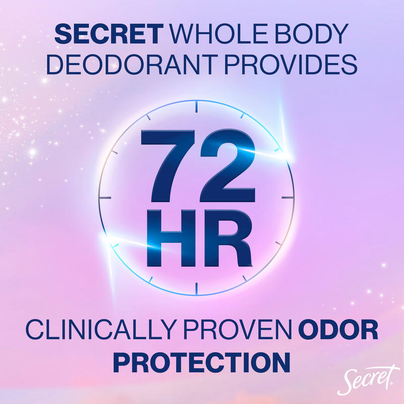 Secret Whole Body Deodorant offers 72 hours of clinically proven odor protection, ensuring freshness and confidence throughout the day