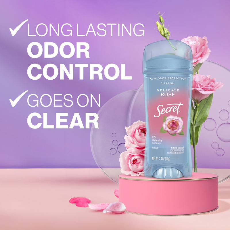 Secret clear gel deodorant in delicate rose scent with flowers, promoting long-lasting odor control and a clear finish on the skin