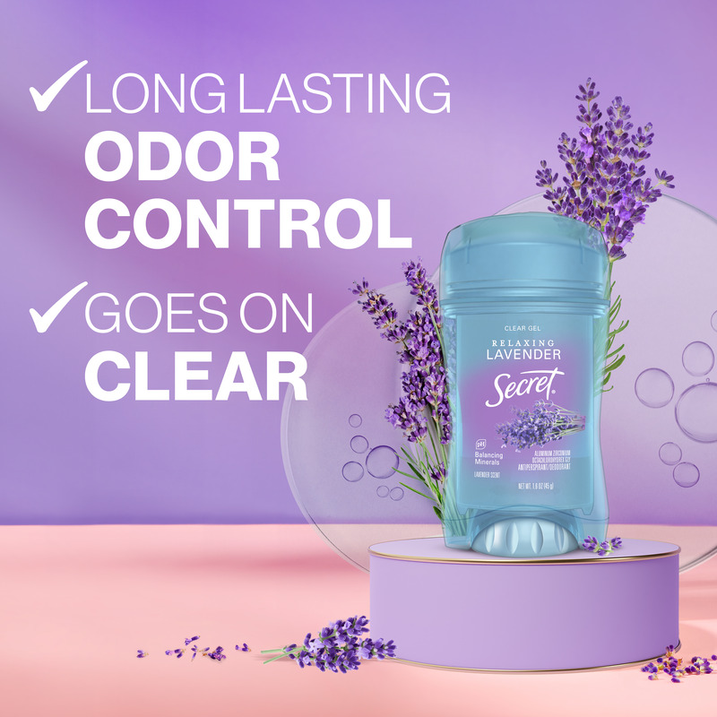 Secret clear gel deodorant with lavander scent, featuring long-lasting odor control and a formula that goes on clear against a pastel background