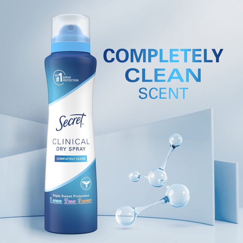 Secret Clinical Dry Spray deodorant with completely clean scent offers triple sweat protection for active lifestyles. Ideal for daily use