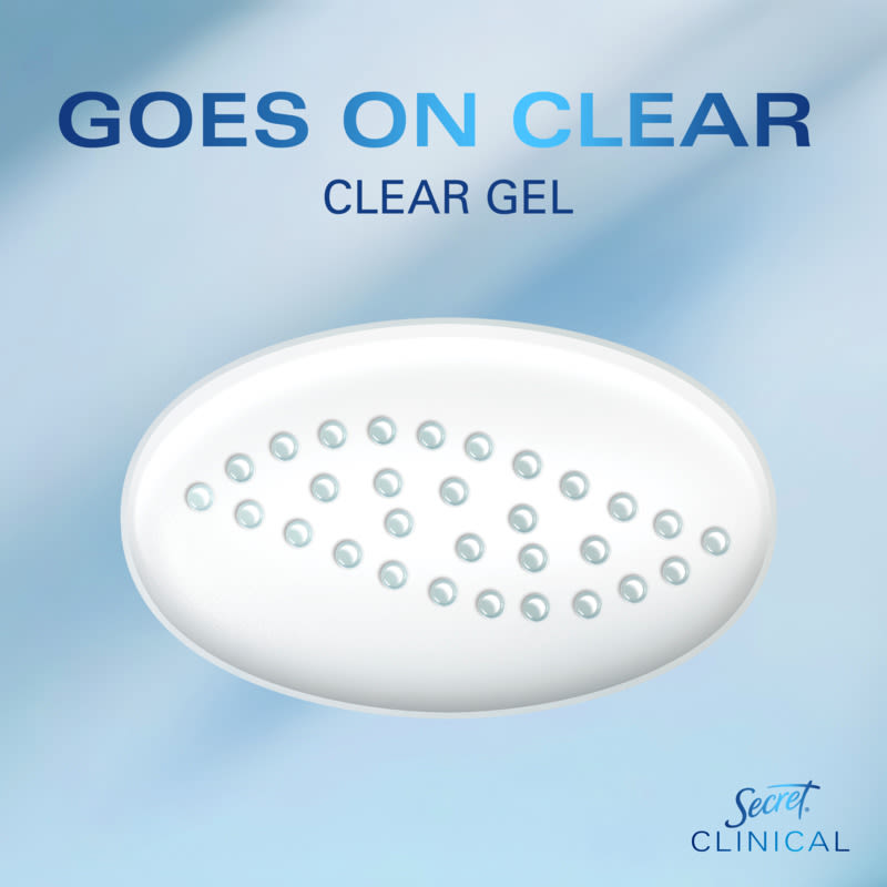 Secret Clear gel deodorant in a smooth container on a soft blue background, highlighting its invisible application for all-day freshness