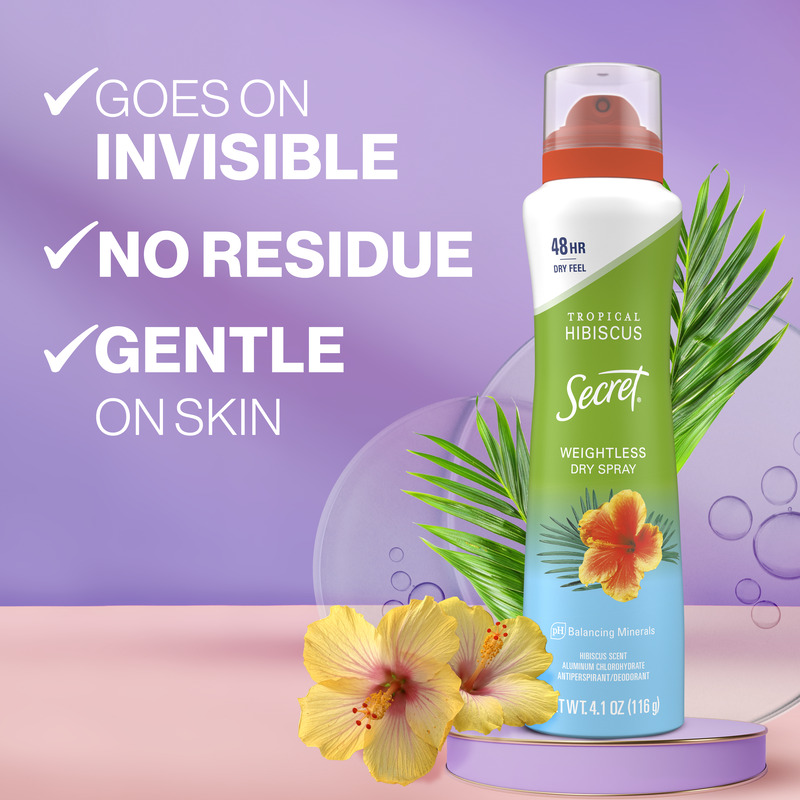 Secret tropical hibiscus weightless dry spray, displaying berries with text highlighting invisible feel, no residue, and gentle on skin