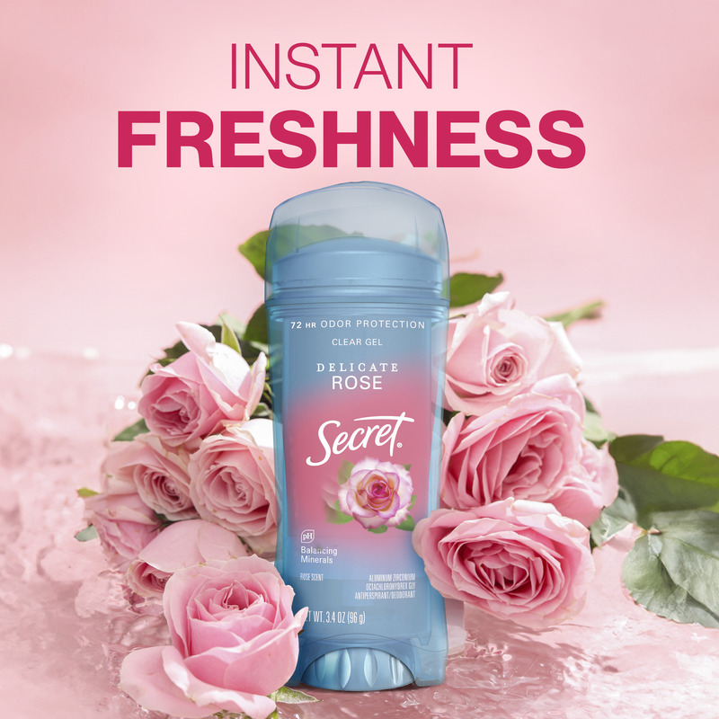 Instant freshness. Secret clear gel deodorant in Delicate Rose scent surrounded by pink roses on a cozy rose-themed background