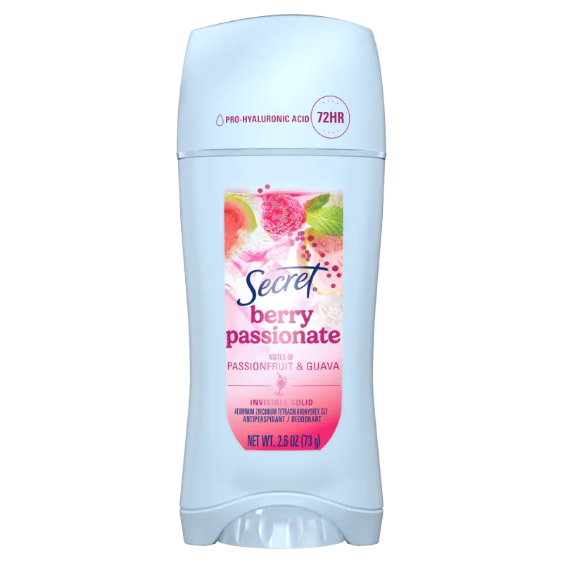 Secret Berry Passionate deodorant features notes of passionfruit and guava, providing 72-hour invisible solid protection