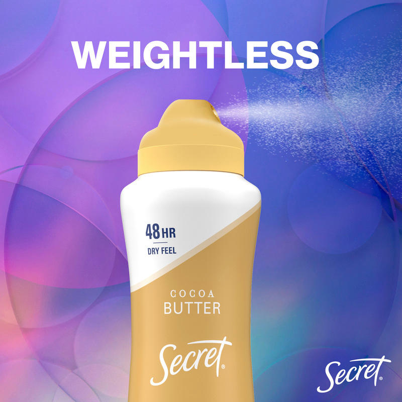Cocoa butter deodorant by Secret with weightless formula for 48 hours of dry feel against a colorful background. Perfect for daily use