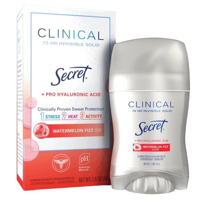 Secret Clinical invisible solid deodorant packaging, 72-hour sweat and odor protection in Watermelon Fizz scent, with pro hyaluronic acid