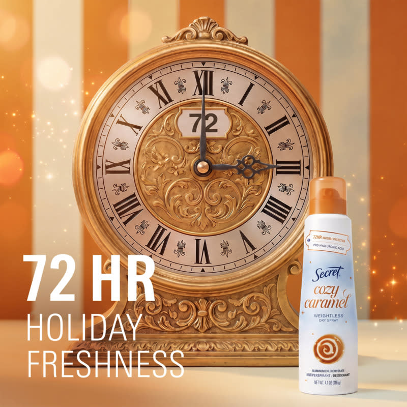 Gold ornate clock showing 72 with Secret Cozy Caramel weightless dry spray beside it, emphasizing 72 hours of freshness