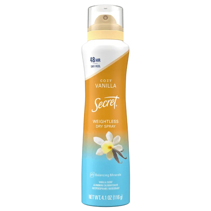 Secret, cozy vanilla, weightless, dry spray packaging