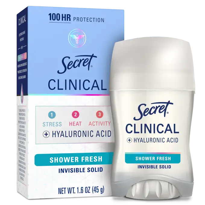 Clinical strength deodorant with hyaluronic acid in shower fresh scent, offering 100 hours of protection against stress, heat, and activity
