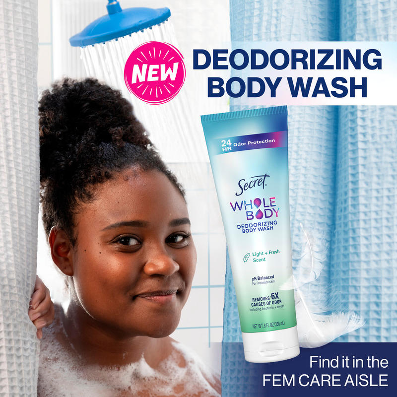 New Secret Whole Body Deodorizing Body Wash with light and fresh scent, featuring a young woman in a shower