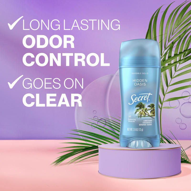 Secret deodorant stick, Hidden Oasis displayed on a pastel background with text highlighting long lasting odor control and clear application