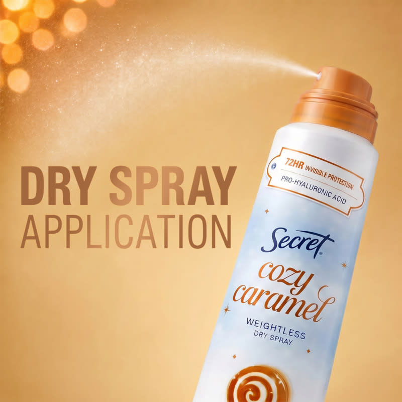 Dry spray application showcasing Secret Cozy Caramel with weightless formula and 72-hour protection