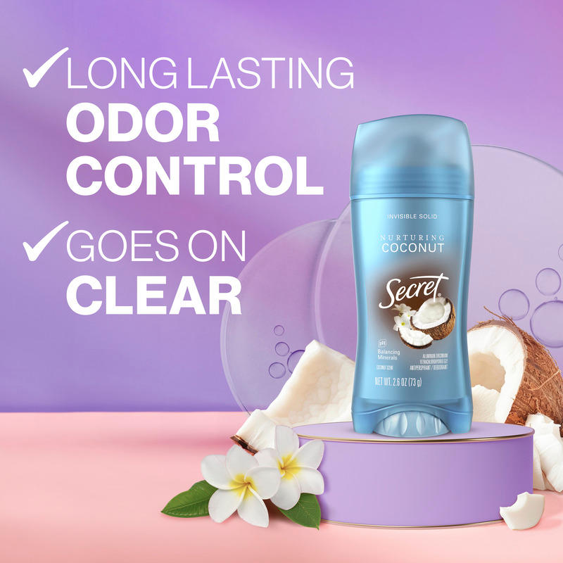 Long lasting odor control, goes on clear. Nurturing Coconut Secret deodorant stick, displayed on a pastel background with coconut and floral accents