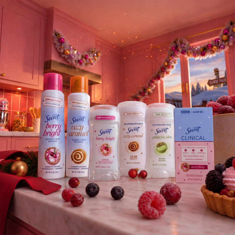 Secret deodorant products displayed on a countertop with festive kitchen decor and seasonal fruits