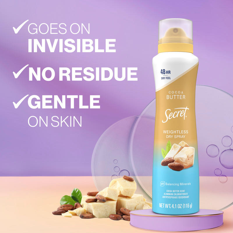 Secret cocoa butter weightless dry spray, displaying berries with text highlighting invisible feel, no residue, and gentle on skin