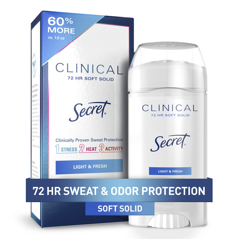 Clinical Secret deodorant featuring a soft solid formula for 72 hour sweat and odor protection, light and fresh scent