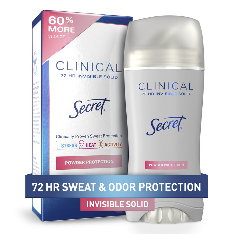 Secret Clinical deodorant, 72-hour sweat and odor protection in invisible solid form, powder protection