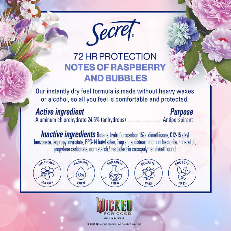 Secret deodorant advertisement featuring floral design and product details about raspberry scent, 72-hour protection, and ingredient benefits