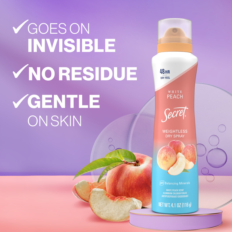 Secret white peach weightless dry spray, displaying berries with text highlighting invisible feel, no residue, and gentle on skin