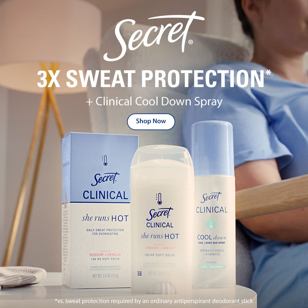Secret Clinical product lineup featuring clear gel and dry spray antiperspirants for sweat protection and freshness