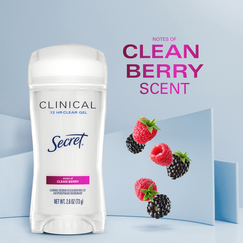 Clear gel antiperspirant from Secret featuring a fresh clean berry scent, surrounded by raspberries and blackberries on a soft blue background