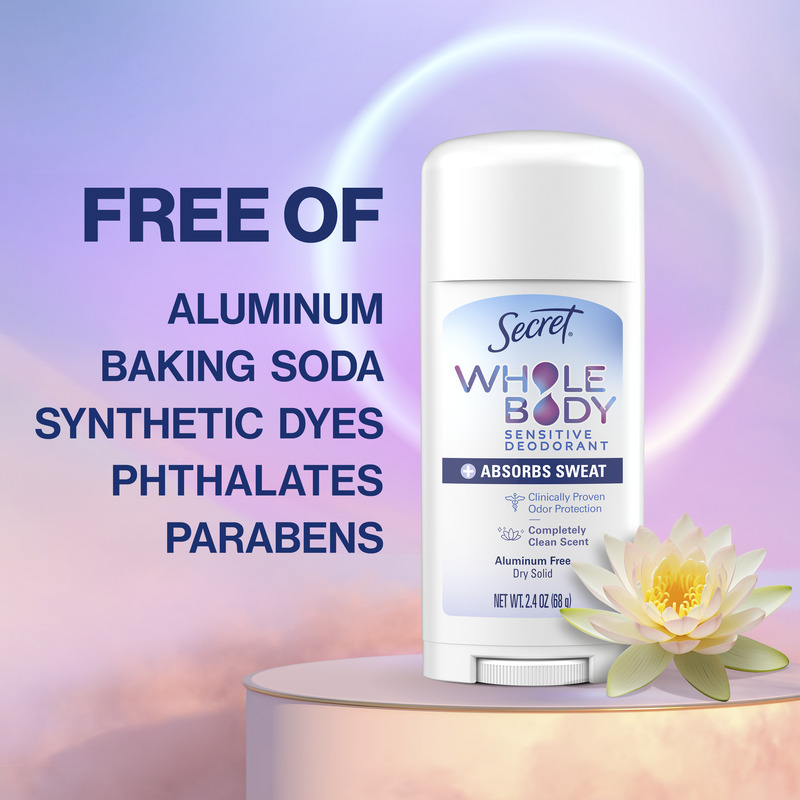 Whole body dry solid by Secret on a floral design, highlighting its free of aluminum, baking soda, synthetic dyes, phthalates, and parabens formula