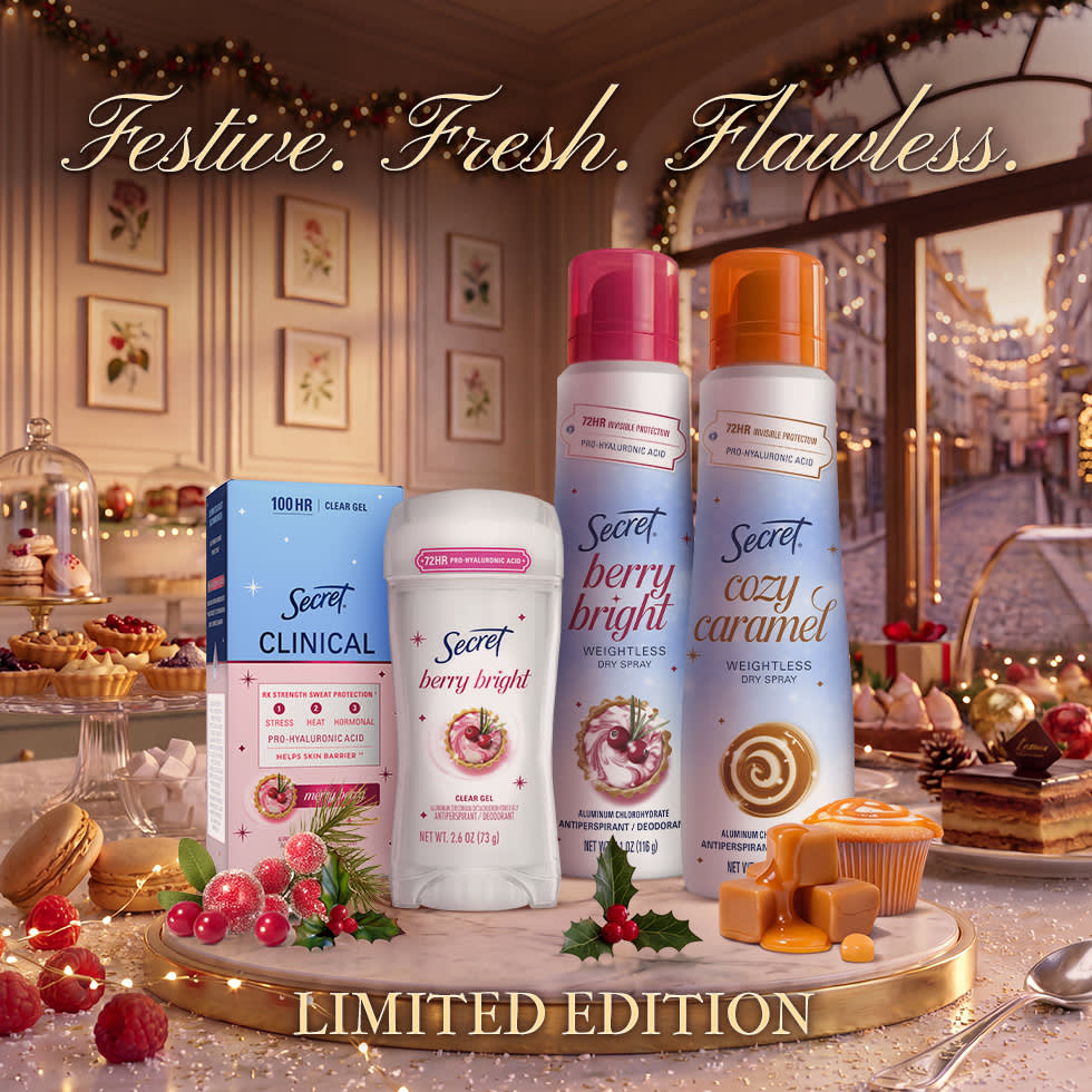 Secret brand deodorants in festive packaging featuring seasonal scents and a gift box background