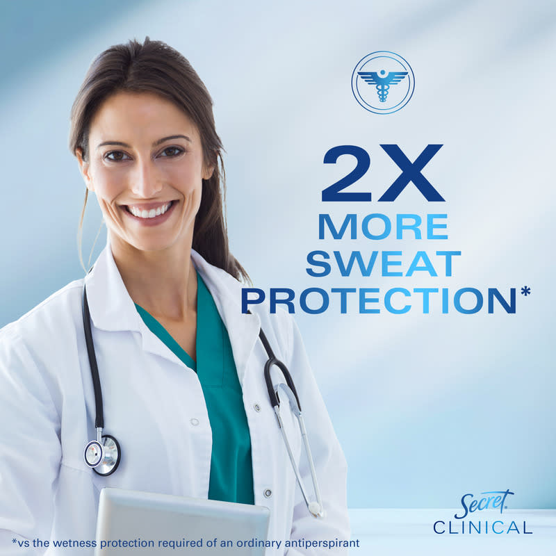 Female medical professional smiling confidently, wearing a white lab coat and stethoscope, promoting Secret Clinical 2x more sweat protection product