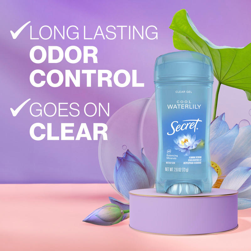 Secret clear gel deodorant with floral scent on a pastel background, highlighting long-lasting odor control and clear application benefits