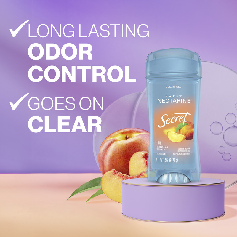 Secret clear gel deodorant with sweet nectarine scent, featuring long-lasting odor control and a smooth application on a pastel background