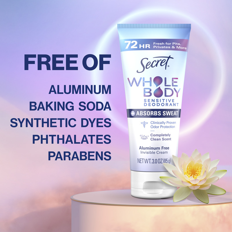 Whole Body Sensitive Deodorant by Secret on a pastel background highlighting its aluminum-free formula and absence of synthetic ingredients and dyes