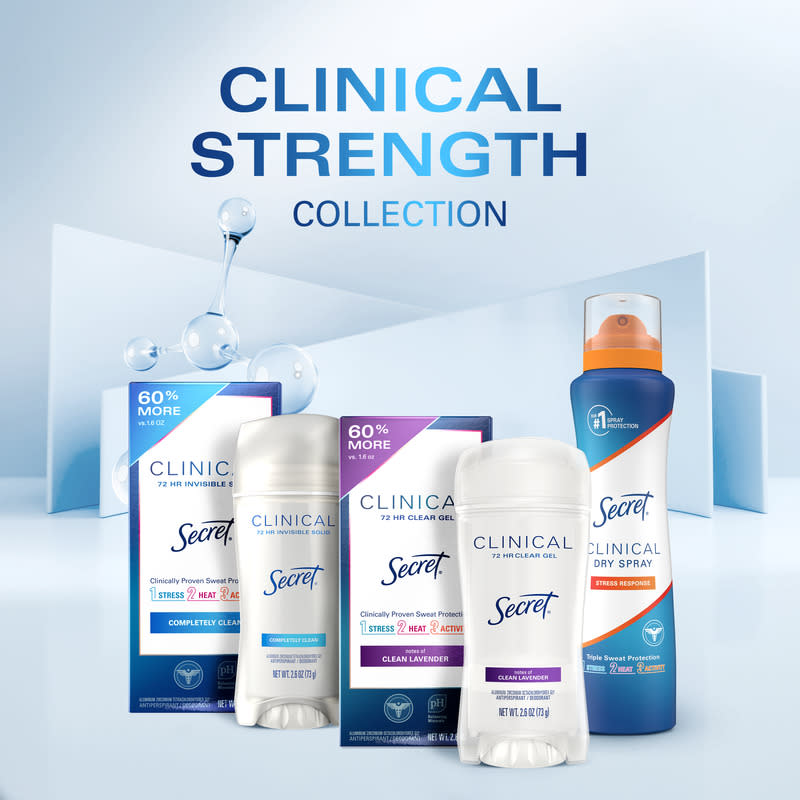 Clinical Strength Secret collection showcasing various deodorants, emphasizing 60% more product and 72-hour sweat protection features