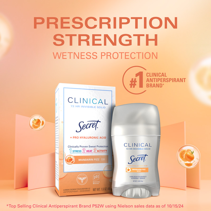 Secret Clinical Strength Antiperspirant featuring Mandarin Fizz scent, providing 72-hour wetness protection and proven sweat defense